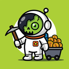 Cute Zombie Astronaut Mining Gold Coins Illustration for Space Cartoon Character and Halloween Concept