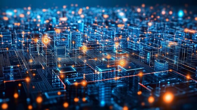 Futuristic Digital Cityscape with Vibrant Communication Networks and Circuit-Inspired City Lights