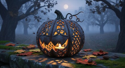 Celtic metal jack-o'-lantern in foggy forest