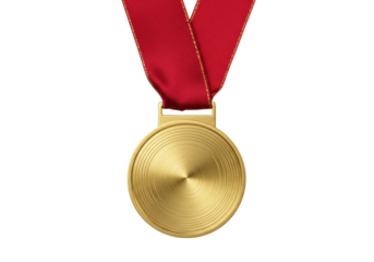 Shiny gold medal with red ribbon isolated PNG, award for winning a competition or achieving a goal on transparent background
