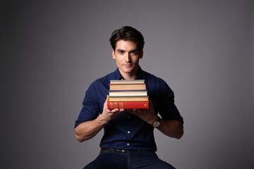A Confident Young Man Poses with a Stack of Colorful Books in a Studio Setting, Showcasing His Passion for Reading and Knowledge Acquisition