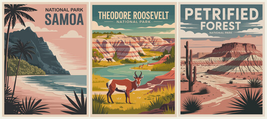A set of retro-style National Park USA travel posters featuring American Samoa, Theodore Roosevelt, and Petrified Forest Parks. Vintage colors and classic mid-century travel art design