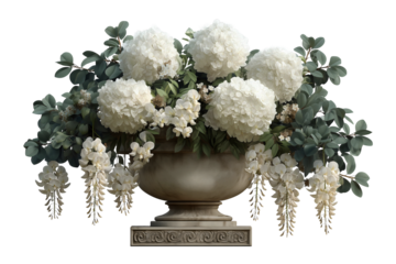 Elegant white hydrangea and wisteria floral arrangement in classical stone urn with eucalyptus greenery, cascading, ornate pedestal base isolated on transparent background.