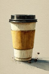 Watercolor illustration of a takeaway coffee cup with black lid and kraft sleeve on beige textured background, minimalist eco cafe artwork