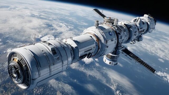 Orbital Station in Space: An image of a space station positioned in orbit, it offers a glimpse into the vastness of space. showcasing the intricate design and innovative structure.