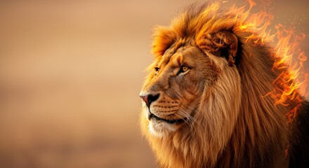 Fototapeta premium Majestic lion with fiery mane embodies power, strength, and resilience in a portrait of nature's untamed beauty