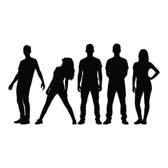 Diverse silhouettes of five people standing together in dynamic poses for modern design and creative projects silhouette