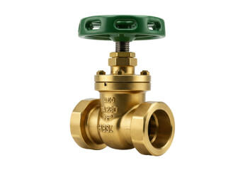 Brass gate valve with green handle isolated PNG, plumbing equipment for water and gas systems, industrial pipeline fitting on transparent background
