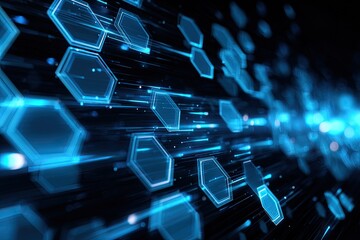 Obraz premium A dynamic abstract illustration of interconnected hexagonal forms emitting bright blue light against darkness