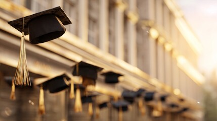 alumni. Academic caps suspended in air with golden tassels, evoking graduation pride and achievement. event programs, museum guides, designed for cultural heritage projects and event programs.
