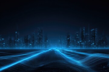 Digital rendering of a futuristic city at night, glowing blue, with a dynamic ground perspective