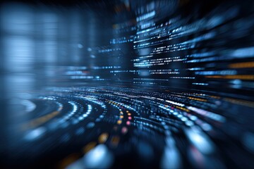 Abstract blurred digital visualization. Curved light streaks and data strings. Blue and orange tones