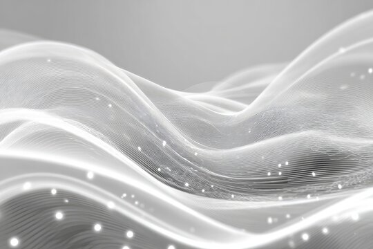 Abstract 3D render depicting flowing, wavy, bright white surfaces with scattered points of light