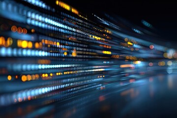 Abstract, blurred, digital art piece with a blue and orange, data flow