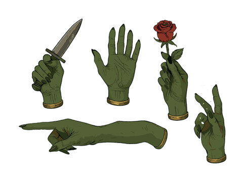 Vector Green monster hands holding objects: knife, rose, gesture, pointing, open palm