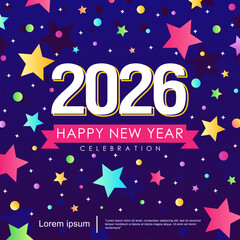 Happy New Year 2026 celebration isolated with ribbon and stars twinkle sparkle. vector illustration template design for web, flyers, poster, invitation card or greeting card	