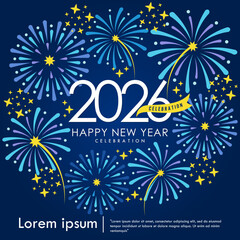2026 Happy New Year celebration isolated with yellow ribbon and fireworks sparkle on blue background. vector illustration template design for web