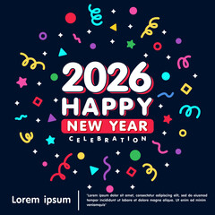 Happy New Year 2026 celebration logo isolated with colorful confetti and line doodle and stars on black background. vector illustration template design for web