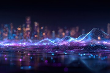Abstract digital depiction of a city with flowing data waves and glowing city lights