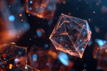 Floating geometric structures with interconnected glowing lines, illuminated by light particles