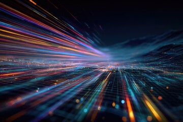 Abstract visual of data streams, with lines of light moving over a digital landscape