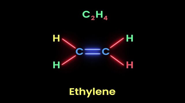 Ethylene (C2H4) molecular structure, Ethylene&rsquo;s double bond reacts with bromine to form dibromoethane. Chemical structural formula of Ethylene. (C2H4)