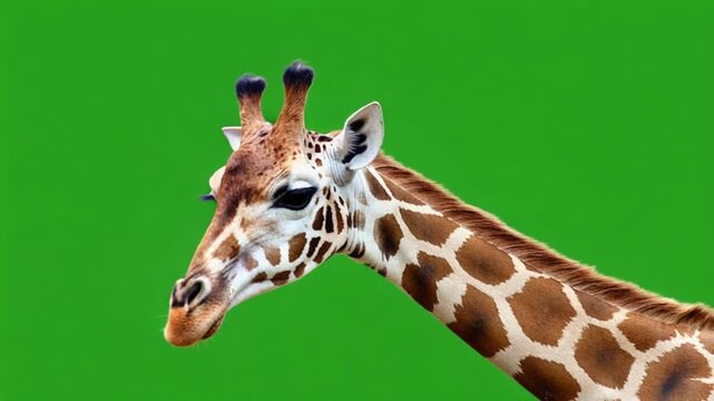 Close up shot of a giraffe head and neck against a solid green background in a studio setting green screen animal video