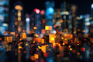 Abstract, illuminated, urban cityscape at night with blurred bokeh and floating cubes