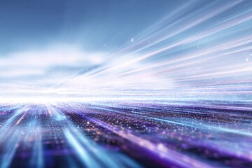 Abstract futuristic digital landscape with a bright sky, lines of light, and a grid below