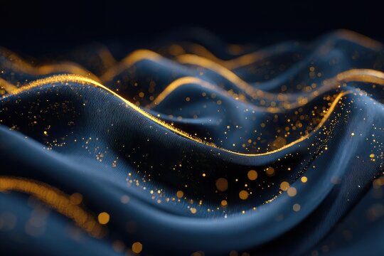 An abstract, wavy design featuring dark blue cloth with vibrant, glowing gold particles