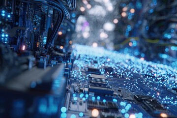 A macro view of interconnected electronic components and glowing lights, conveying advanced tech