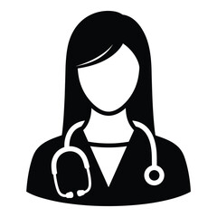 Professional female doctor icon symbol with stethoscope representing healthcare services and medical expertise for general audiences silhouette