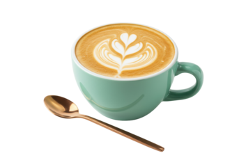 Latte art in a light green cup isolated PNG on transparent background, coffee drink with a golden spoon for cafe and restaurant use