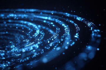Abstract swirling blue digital light trails, circular design, dark background, futuristic visualization