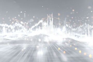 Abstract digital rendering of data visualization with sparkling particles, charts, and graphs