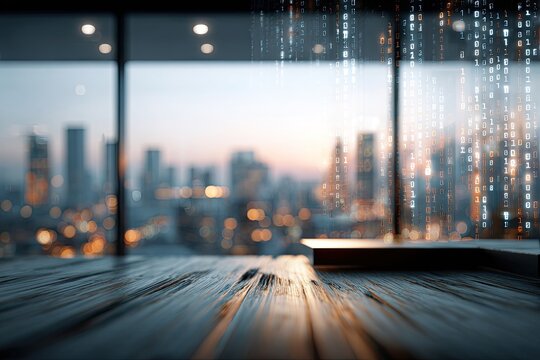 A blurry image with a skyline and data streams on a wood-like surface - Powered by Adobe