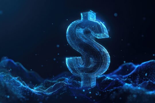 A glowing digital dollar sign floats above abstract blue waves, indicating financial technology