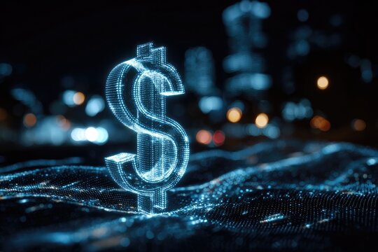 A glowing currency symbol floats above a digital landscape, city lights in the backdrop