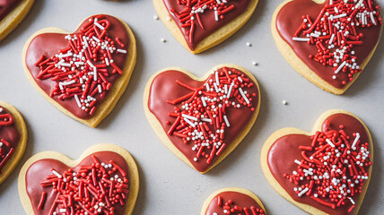 A batch of heart-shaped cookies with glossy red icing and white and red sprinkles, perfect for Valentine’s Day, gifts, or festive dessert tables. Vibrant, sweet treats that convey love and celebration