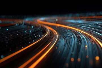 Abstract digital illustration of flowing lines with a blurred background and illuminated trails