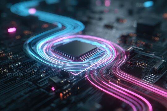 Close-up of a central processor on a circuit board with neon light trails swirling around