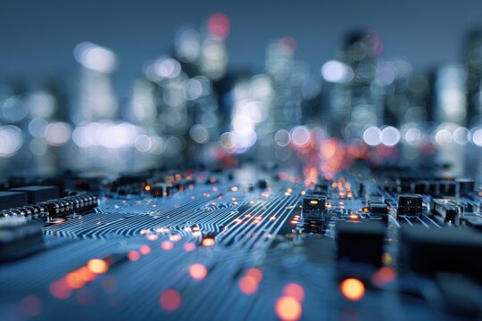 Close-up of an intricate circuit board with a blurred cityscape in the background