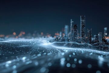 Futuristic cityscape with shimmering digital network in the foreground and illuminated skyscrapers