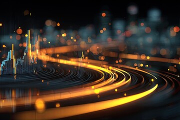 A city skyline glows with data streams; bokeh lights illuminate curves, visualizing progress and connection