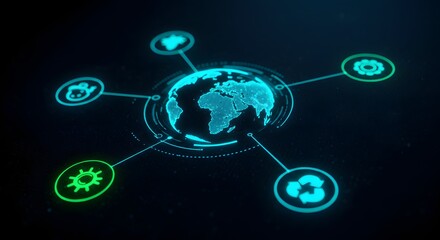 Digital Globe with Network Icons Illuminated in Blue and Green on Dark Background