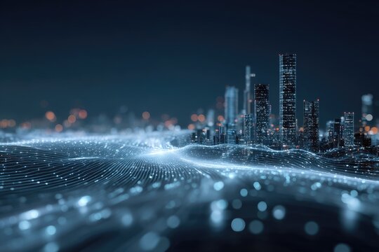Futuristic cityscape with shimmering digital network in the foreground and illuminated skyscrapers