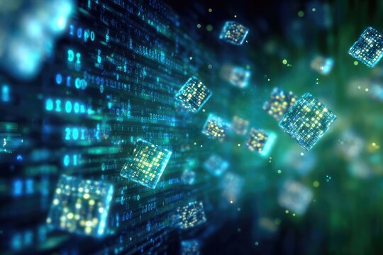 Futuristic blue data stream with floating glowing cubes, binary code in background