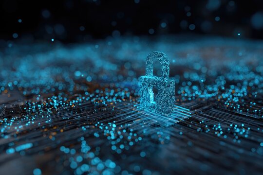 A luminous digital padlock formed by glowing particles, symbolizing cybersecurity and data protection