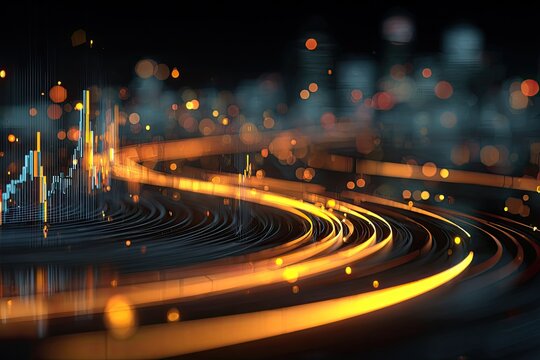 A city skyline glows with data streams; bokeh lights illuminate curves, visualizing progress and connection