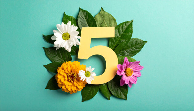 Yellow number five surrounded by vibrant flowers and green leaves white daisy orange zinnia - Powered by Adobe